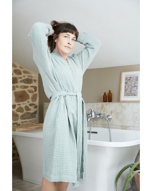 Peignoir kimono mixte gaze de coton unie Gaïa bleu clair