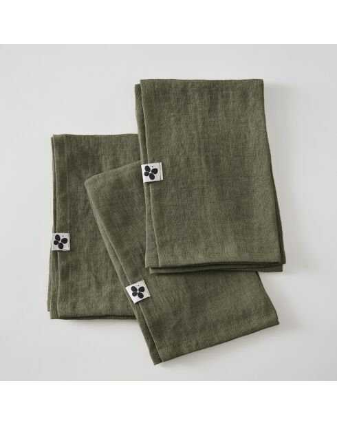 Lot de 3 Serviettes lin lavé Soline kaki - 40 x 40 cm