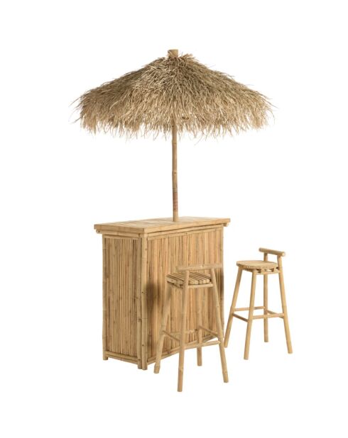 Set Nr. 6:1 Bar+1 Sonnenschirm+2 helle Holzhocker - 121x52x109 cm