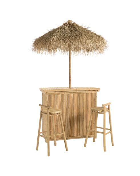 Set Nr. 6:1 Bar+1 Sonnenschirm+2 helle Holzhocker - 121x52x109 cm
