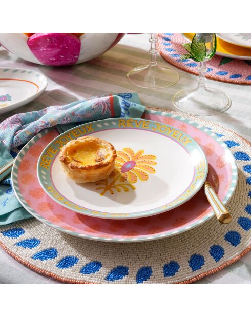 Plat de service à gâteau fleur multicolore - 21 x 21 cm
