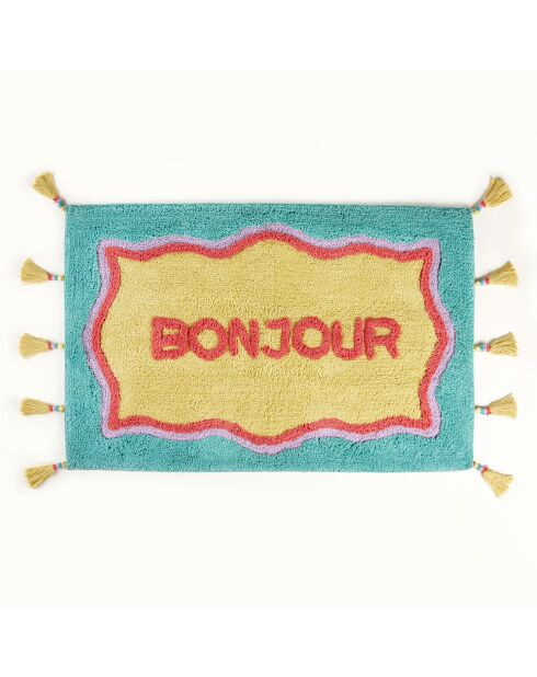 Tapis de bain en coton Bonjour jaune - 60 x 90 cm