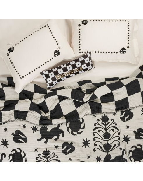 Zwarte kingsize bedsprei van jacquardkatoen met franjes