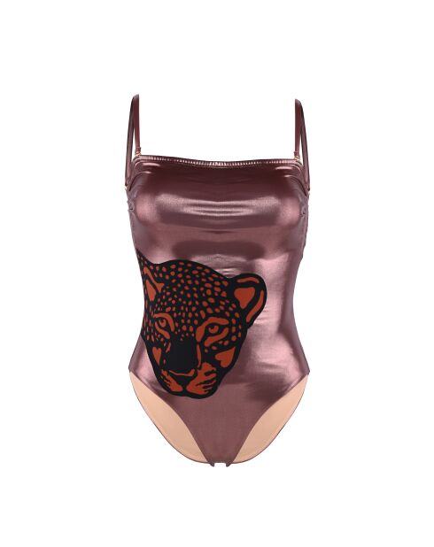 Traje de baño felino de una sola pieza con diadema de leopardo en bronce