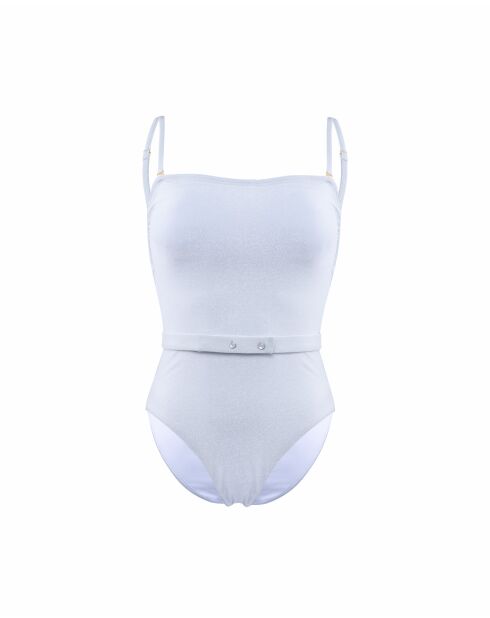 Costume da bagno intero bianco con fascia e cintura a pressione