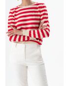 Gestreifter Pullover mit Katzenmotiv in Vanille/Zinnoberrot