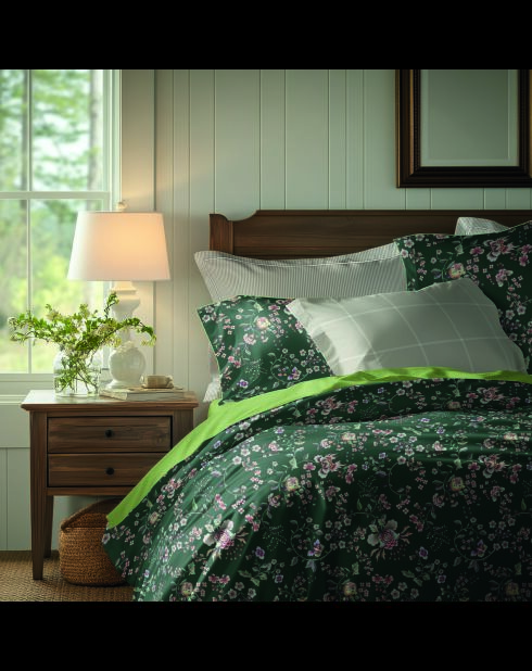 Juego de funda de edredón y fundas de almohada cuadradas de satén de algodón, diseño floral verde