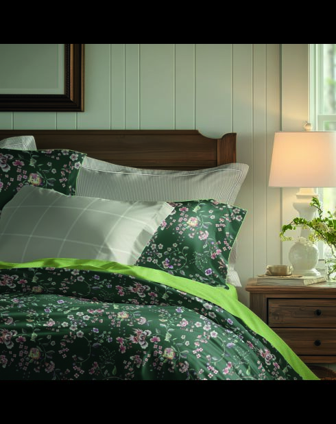 Juego de funda de edredón y fundas de almohada cuadradas de satén de algodón, diseño floral verde