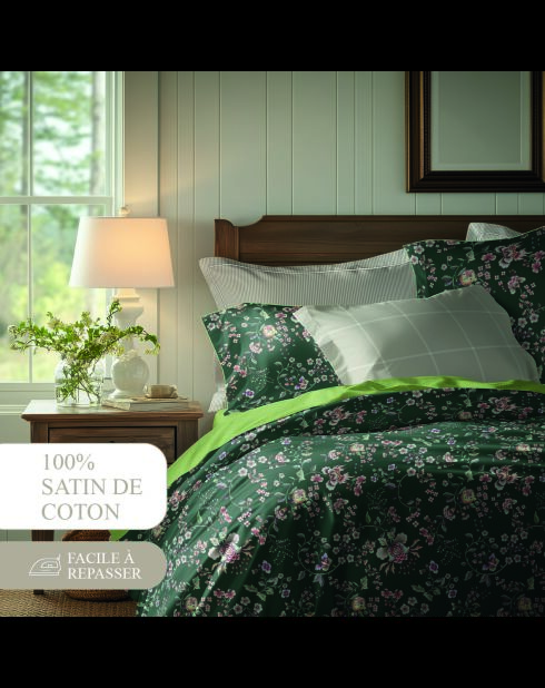 Juego de funda de edredón y fundas de almohada cuadradas de satén de algodón, diseño floral verde