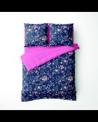 Parure housse de couette + taie(s) carrée(s) satin de coton - Serment fleuri Bleu foncé/Rose