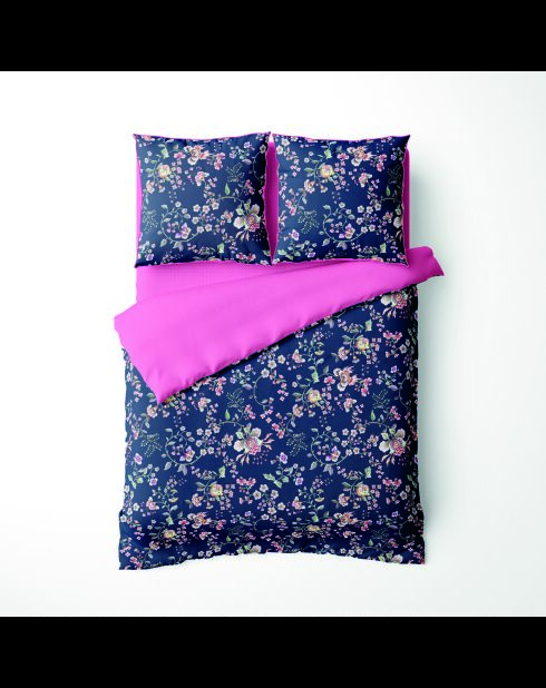 Parure housse de couette + taie(s) carrée(s) satin de coton - Serment fleuri Bleu foncé/Rose