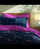 Parure housse de couette + taie(s) carrée(s) satin de coton - Serment fleuri Bleu foncé/Rose