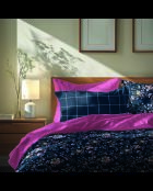 Parure housse de couette + taie(s) carrée(s) satin de coton - Serment fleuri Bleu foncé/Rose