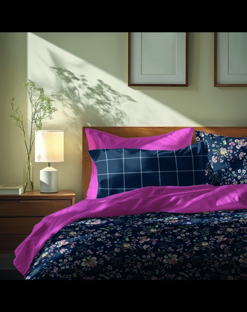 Parure housse de couette + taie(s) carrée(s) satin de coton - Serment fleuri Bleu foncé/Rose