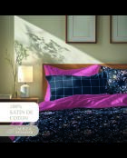Parure housse de couette + taie(s) carrée(s) satin de coton - Serment fleuri Bleu foncé/Rose