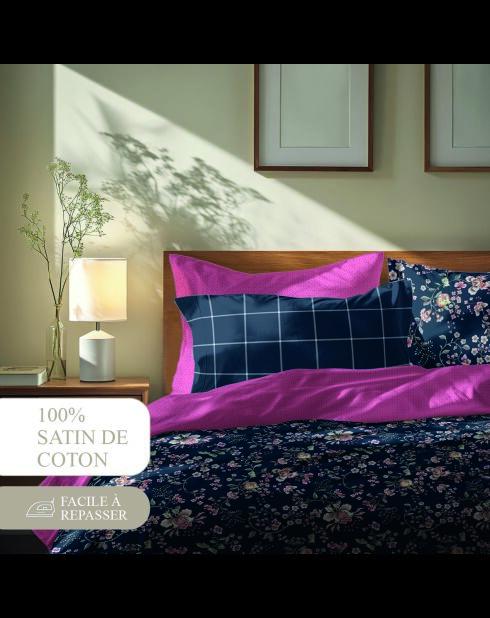 Parure housse de couette + taie(s) carrée(s) satin de coton - Serment fleuri Bleu foncé/Rose