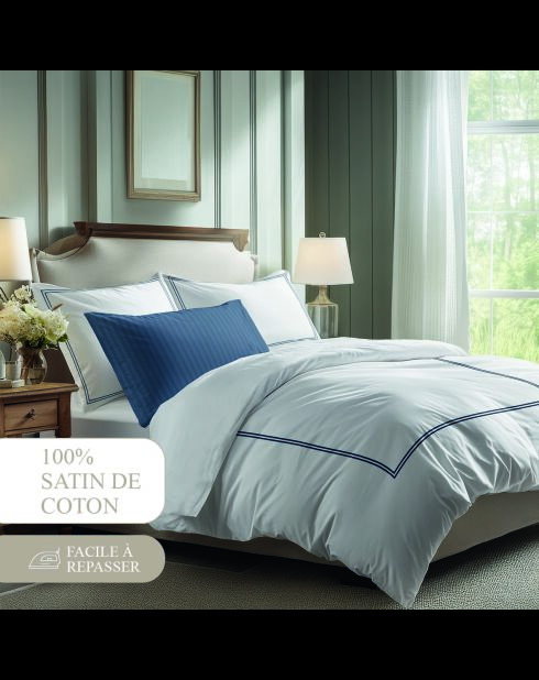 Katoenen satijnen laken - Cannes Donkerblauw/Wit