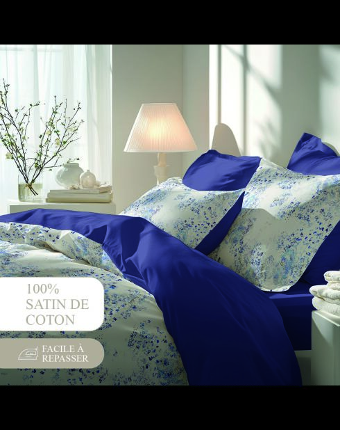 Bettbezug-Set mit quadratischen Kissenbezügen aus Baumwollperkal — Weiß-Blau, Weichheit