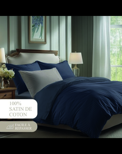Lenzuolo piatto Dobby Stripe in raso di cotone - Blu 11