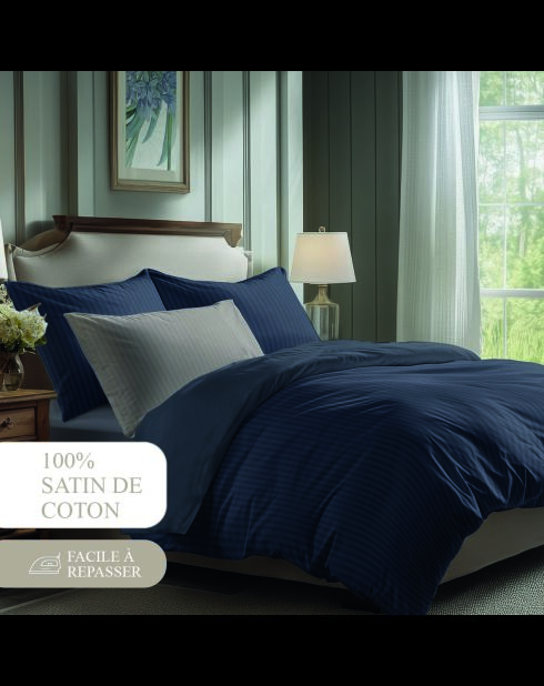 Set laken + hoeslaken + rechthoekige kussenslopen katoensatijn geweven Dobby stripe - Blue 11