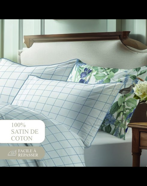 Set de 2 taies d'oreiller satin de coton - Caroline Blanc/Bleu - 2x(50x70 cm)