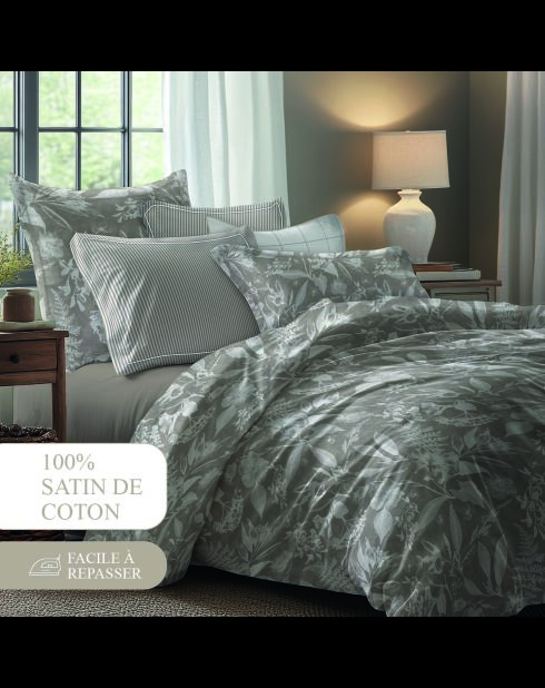 Parure housse de couette + taie(s) carrée(s) satin de coton - Toile de jouy Taupe