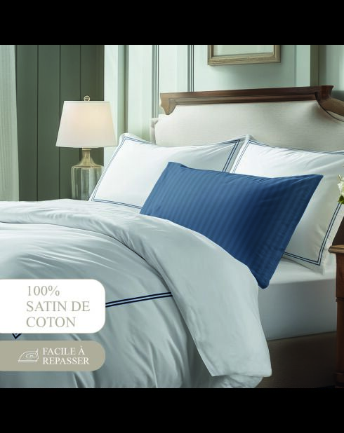 Set de 2 taies d'oreiller satin de coton - Cannes Bleu fonce/Blanc