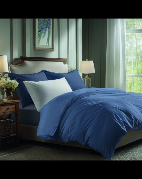 Set de 2 taies d'oreiller satin de coton rayure tissé dobby - Bleu 06