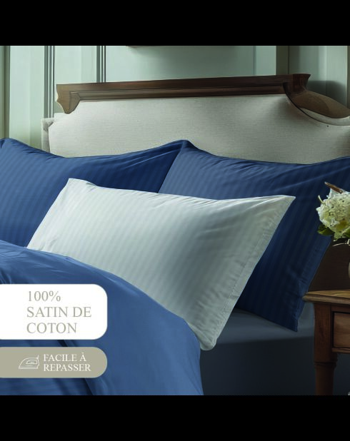 Set de 2 taies d'oreiller satin de coton rayure tissé dobby - Bleu 06