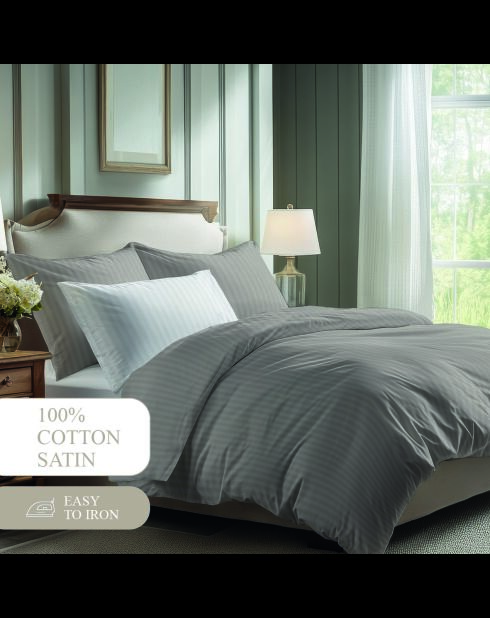 Maxi-set plat laken + hoeslaken + vierkante kussenslopen katoen satijn geweven streep dobby - Taupe 01