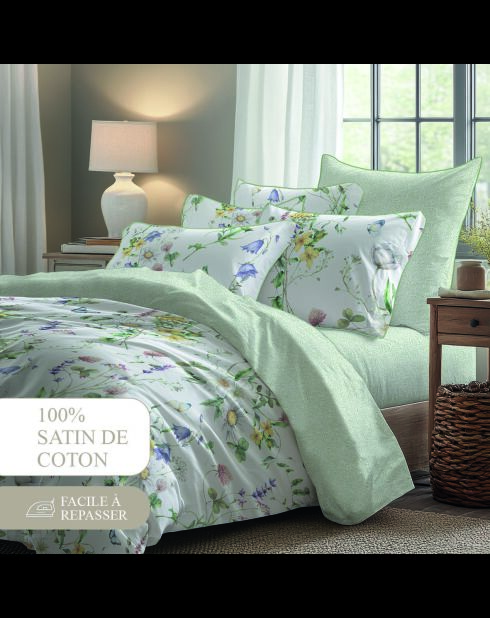 Katoenen satijnen laken - Green love leaves
