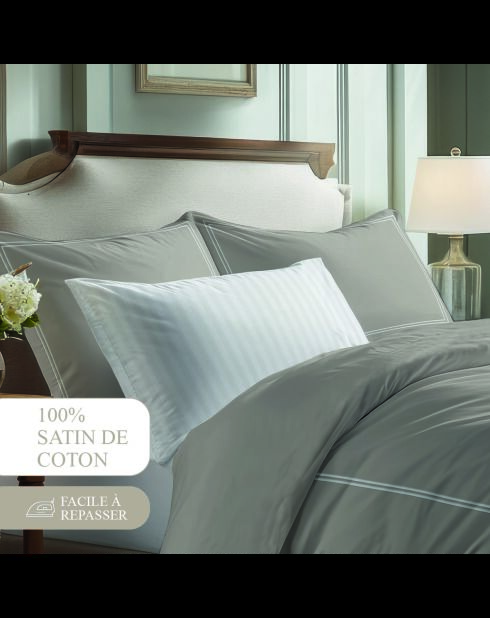 Kleine set platte lakens + hoeslaken + rechthoekige katoenen satijnen kussenslopen - Cannes White/Taupe