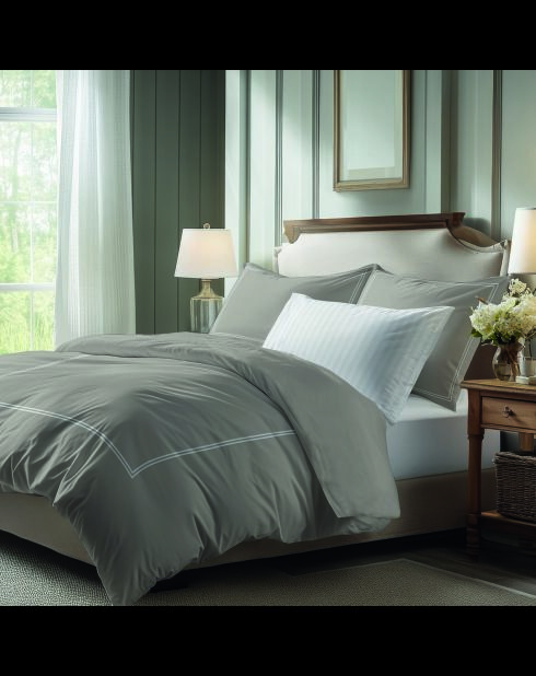Parure drap plat + drap-housse + taies rectangles satin de coton - Cannes Blanc/Taupe