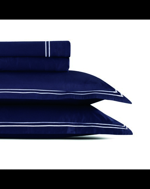 Kleine set platte lakens + hoeslaken + rechthoekige kussenslopen van katoensatijn - Cannes wit/donkerblauw