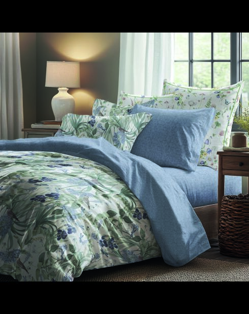 Katoenen satijnen laken - Ash met bloemen Blauw