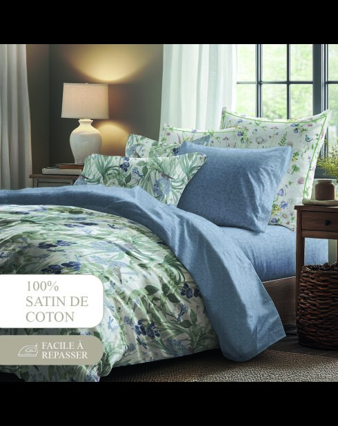 Katoenen satijnen laken - Ash met bloemen Blauw
