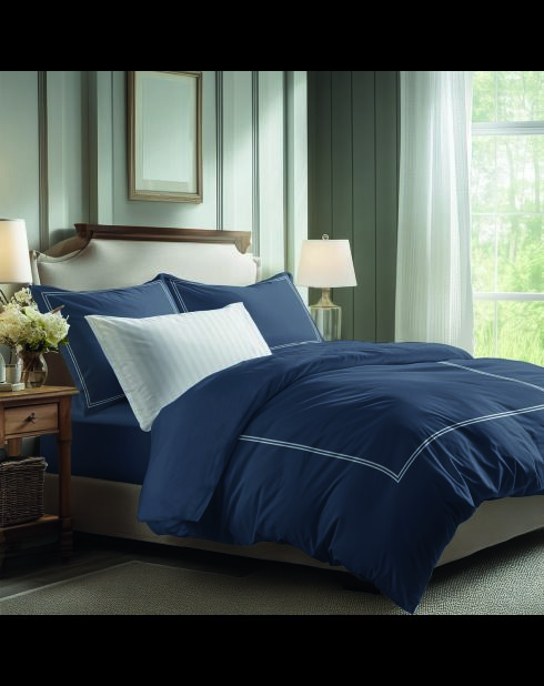 Set de 2 taies d'oreiller satin de coton - Cannes Blanc/Bleu fonce