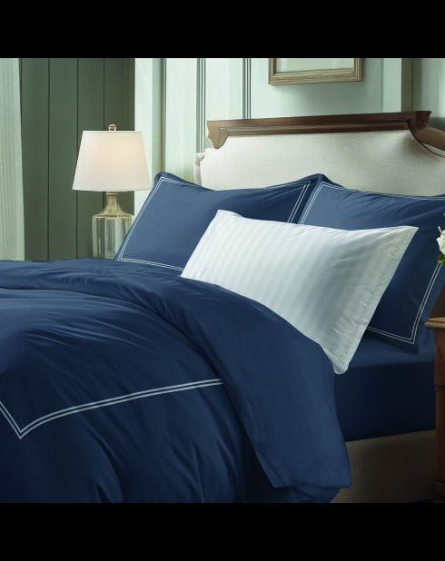 Set de 2 taies d'oreiller satin de coton - Cannes Blanc/Bleu fonce