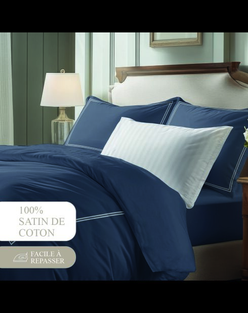 Set de 2 taies d'oreiller satin de coton - Cannes Blanc/Bleu fonce