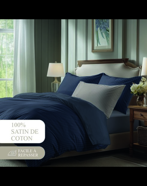 Set de 2 taies d'oreiller satin de coton rayure tissé dobby - Bleu 11