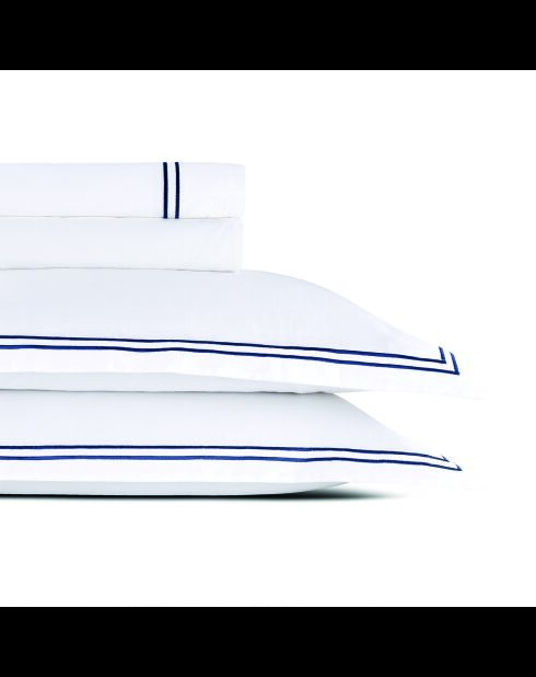 Kleine set platte lakens + hoeslaken + rechthoekige kussenslopen van katoensatijn - Cannes Donkerblauw/Wit