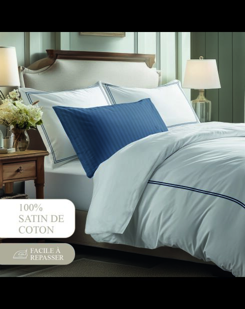 Kleine set platte lakens + hoeslaken + rechthoekige kussenslopen van katoensatijn - Cannes Donkerblauw/Wit