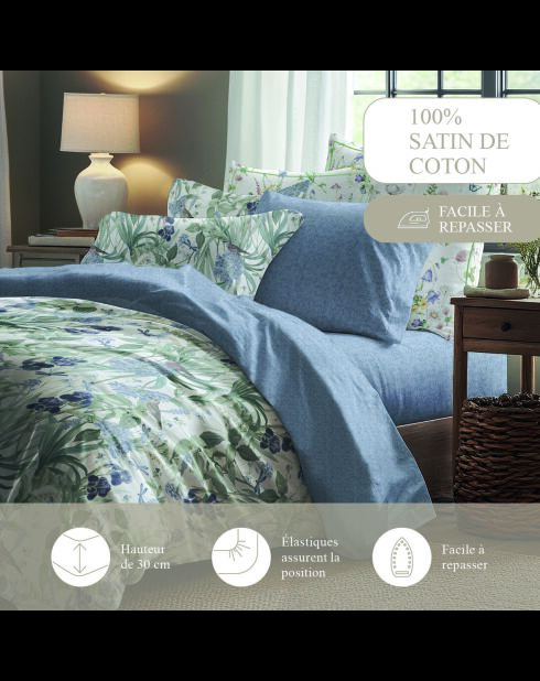 Drap-housse satin de coton - Frêne à fleurs Bleu