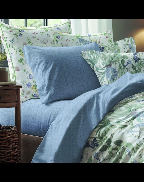 Taie d'oreiller satin de coton - Frêne à fleurs Bleu - 2x(50x70 cm)