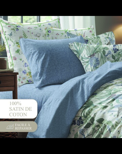Taie d'oreiller satin de coton - Frêne à fleurs Bleu - 2x(50x70 cm)