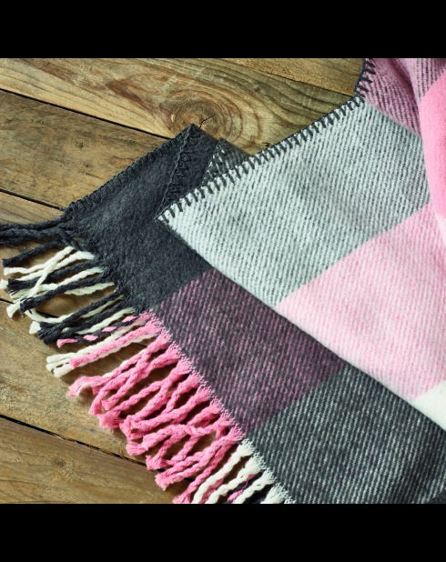 Geweven plaid van zacht katoen - roze/grijze tartan - 130x170 cm