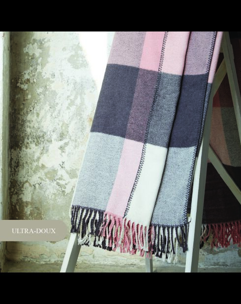 Geweven plaid van zacht katoen - roze/grijze tartan - 130x170 cm