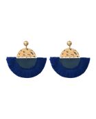 Victory oorbellen van roestvrij staal met goud/blauw geverfde katoenen franjes