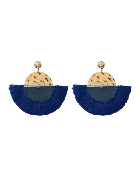 Victory oorbellen van roestvrij staal met goud/blauw geverfde katoenen franjes