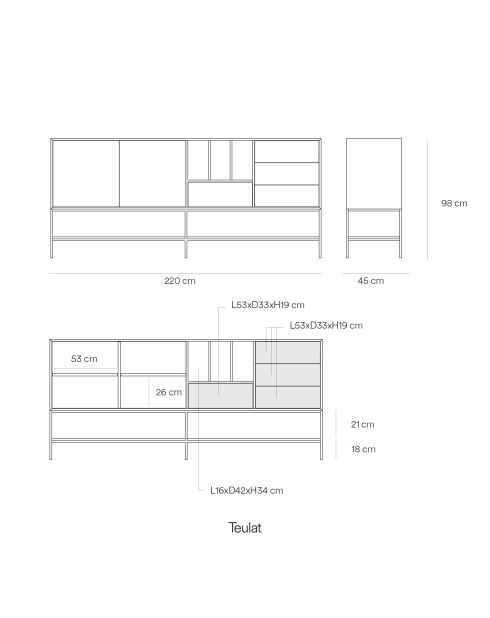 Buffet Platt 2 portes, 4 tiroirs et 3 niches argile - 220x45x98cm